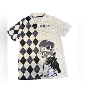 Pagymo Men’s Graphic Argyle Skeleton Skull White Golf Polo Sz M